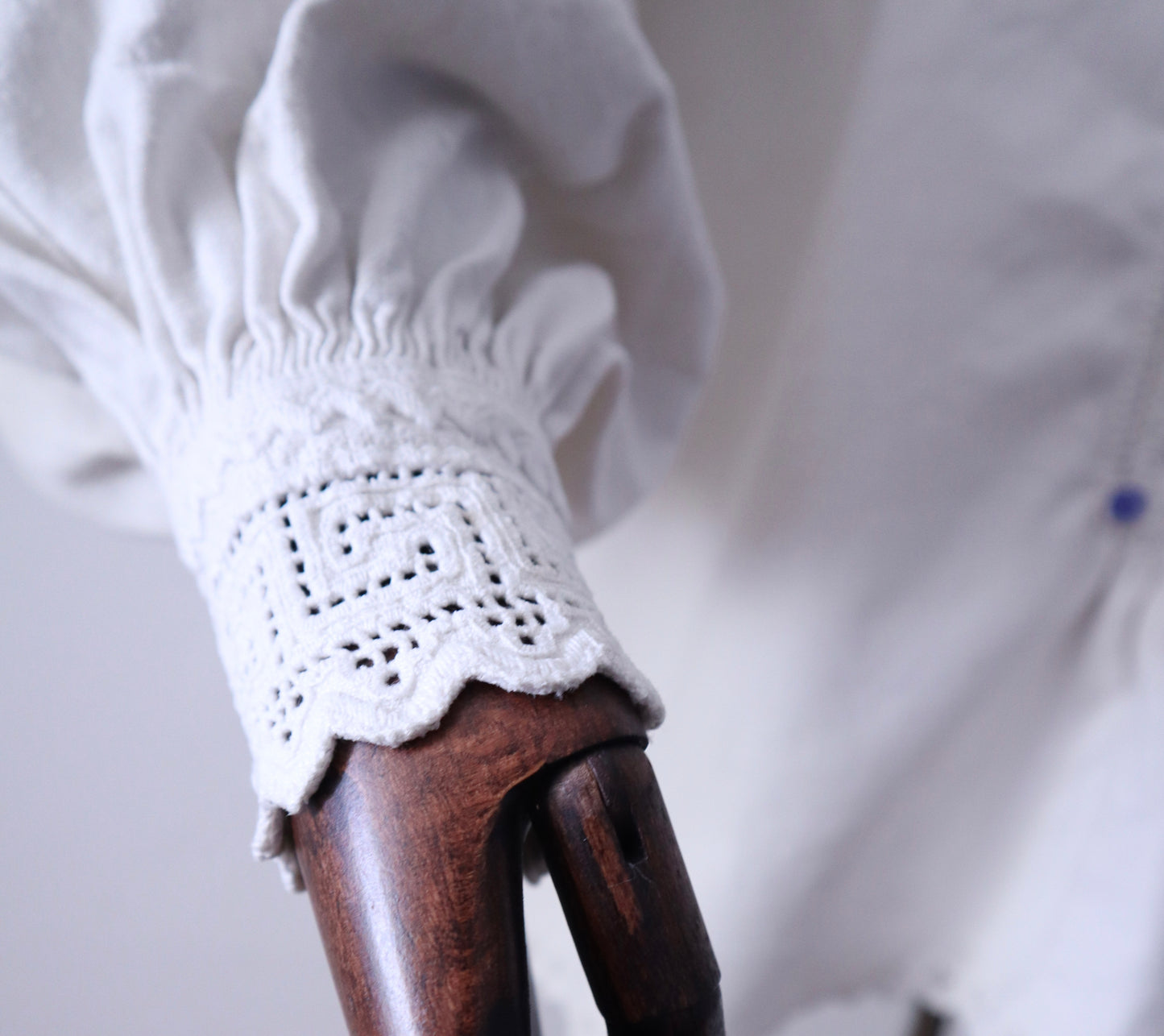 Handwoven Transylvanian Linen Folk Blouse with Cutwork Embroidery and Pressed Glass Buttons 1930s 1940s