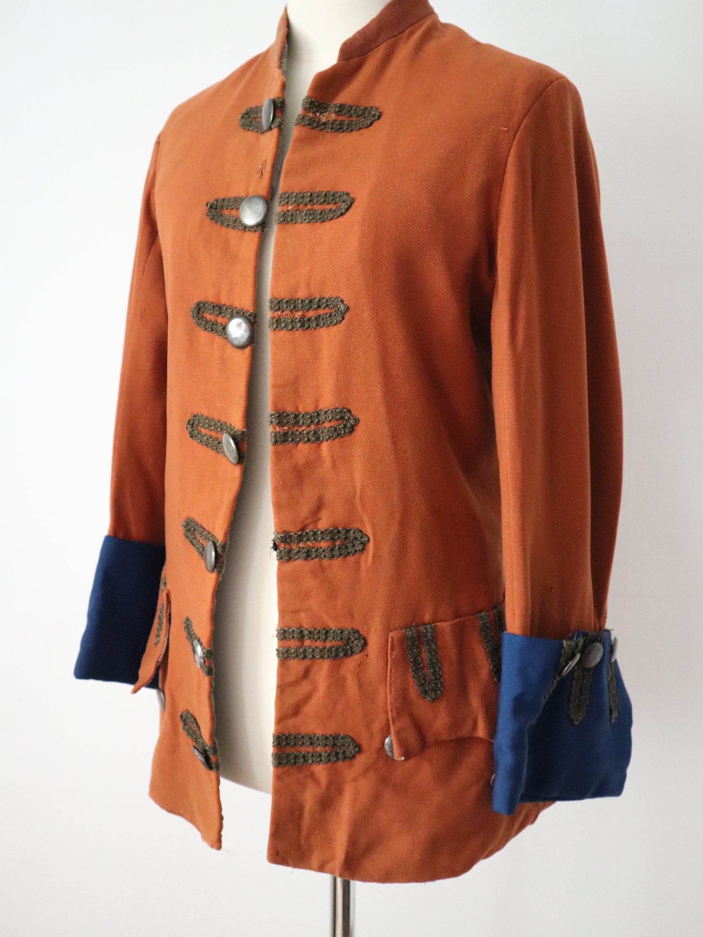 Antique French Opera Costume Jacket Rust Brown Frock Coat Blue Cuffs 18th Century Style