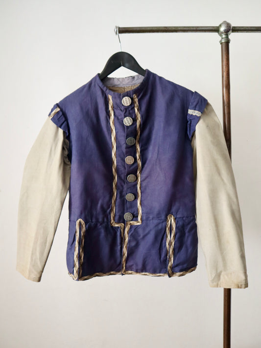 Antique French Opera Costume Jacket Blue Cotton Grey Sleeves Ribbon Trim Medieval Renaissance