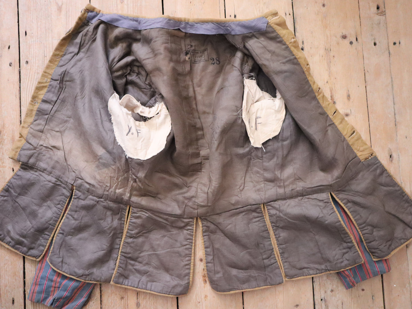 Antique French Opera Costume Jacket Sand Blue Stripe Cotton Sleeves Ribbon Trim Medieval Renaissance Metal Buttons