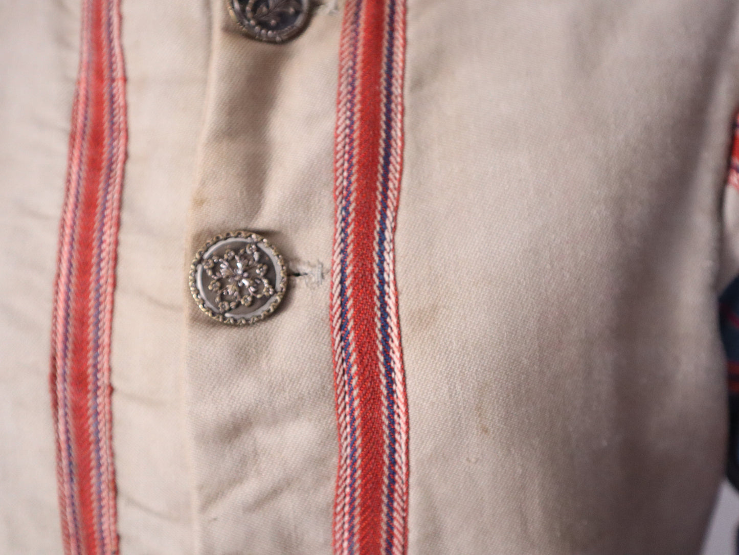 Antique French Opera Costume Jacket Grey Blue Stripe Cotton Sleeves Ribbon Trim Medieval Renaissance Metal Buttons