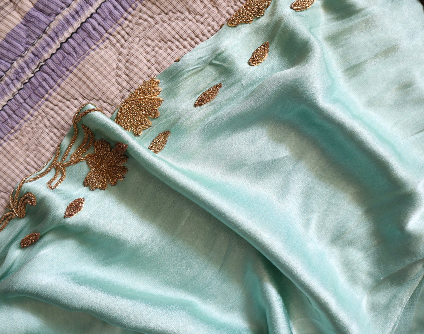 1950s Turquoise Silky Satin Two Piece Gold Beading Sequins Chiffon Sleeves Oriental Eastern