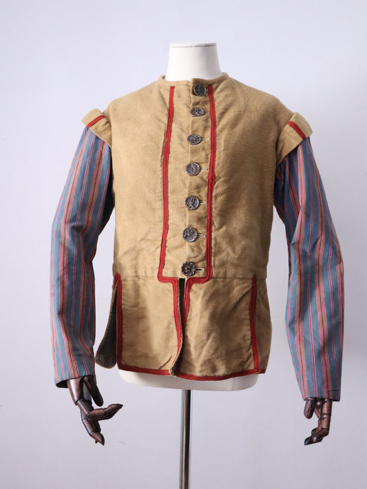 Antique French Opera Costume Jacket Sand Blue Stripe Cotton Sleeves Ribbon Trim Medieval Renaissance Metal Buttons