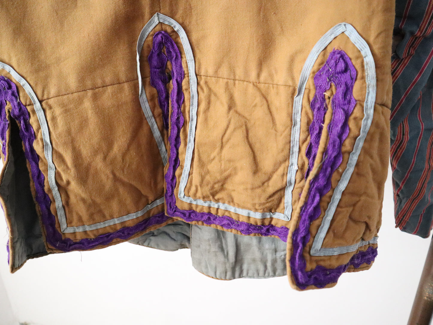 Antique French Opers Costume Jacket Brown Cotton Blue Stripe Sleeves Ribbon Trim Medieval Renaissance
