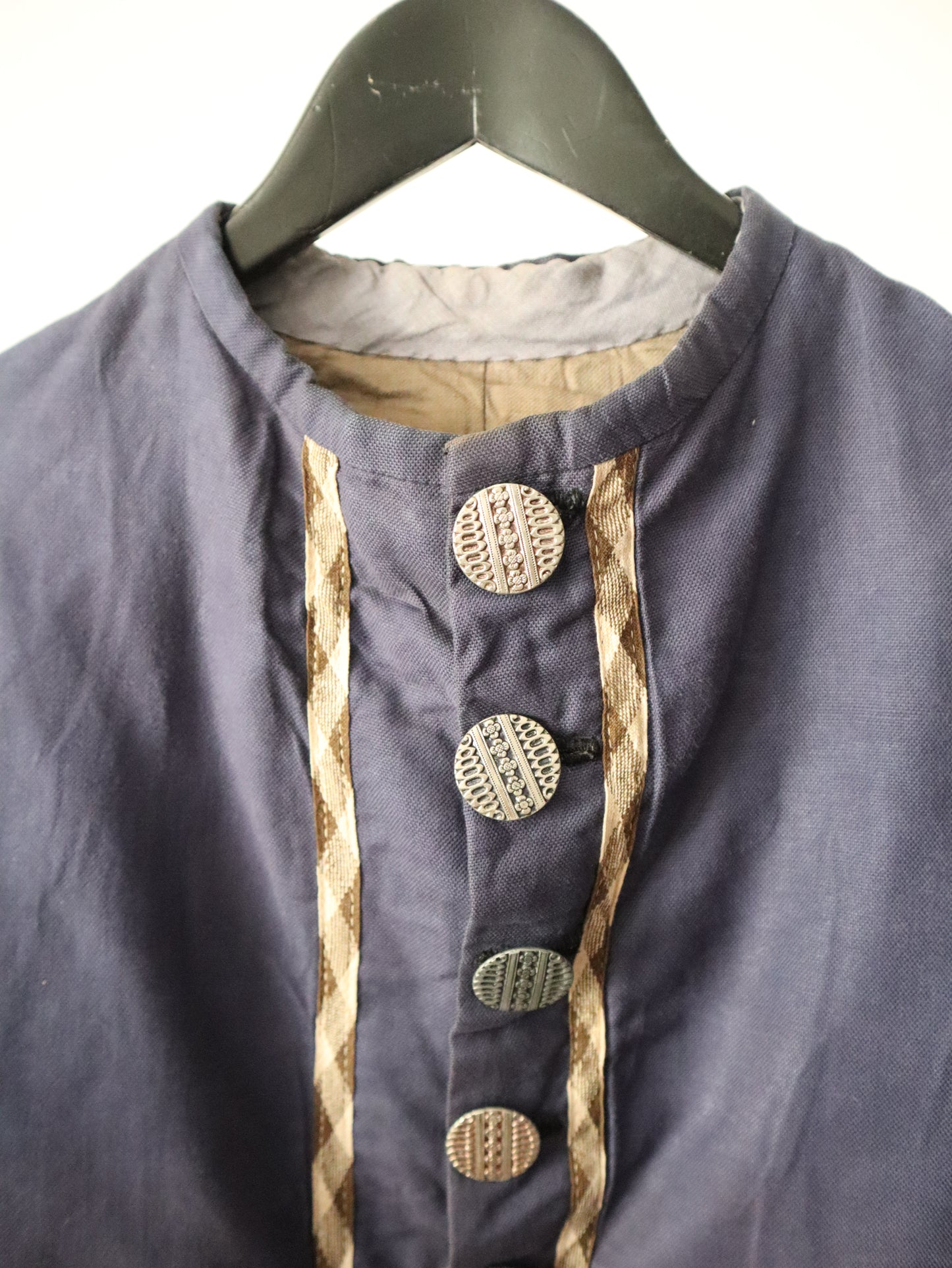 Antique French Opera Costume Jacket Blue Cotton Grey Sleeves Ribbon Trim Medieval Renaissance