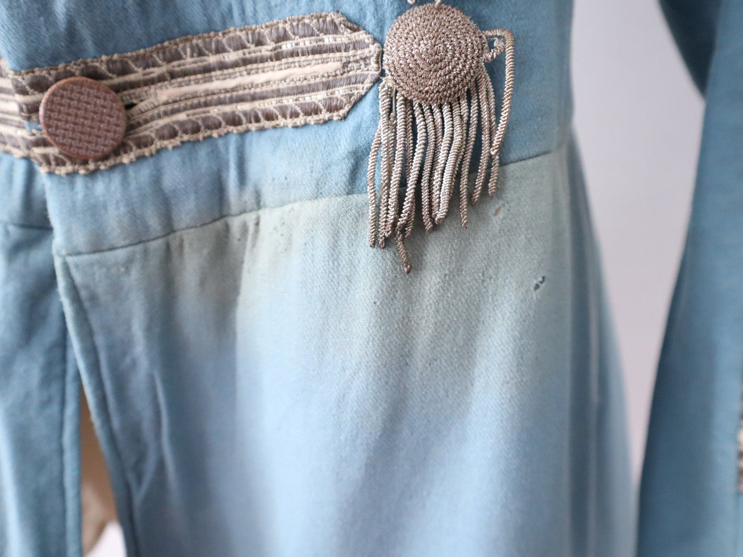 Antique 19th Century Theatrical Military-Style Jacket | Hand-Sewn Powder Blue Costume Coat  Metal Ribbon Trim Tassels