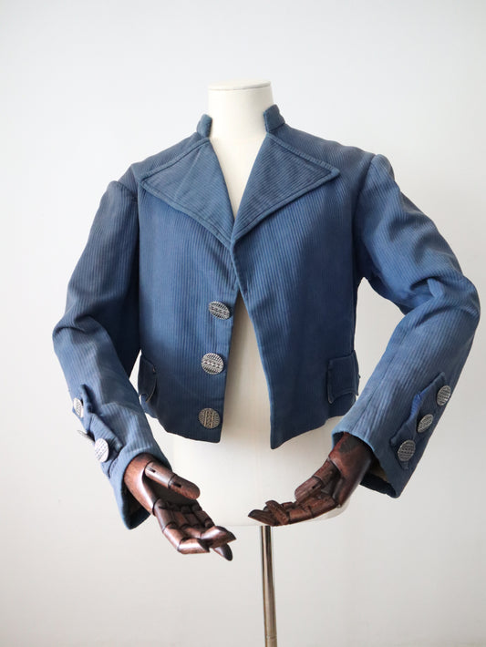Antique French Carmagnole-Style Jacket in Blue | Circa 1920s | Ribbed Cotton Sans-Culotte Costume | Fully Lined