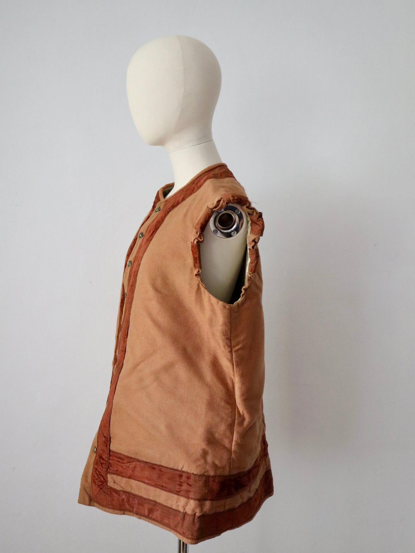 Antique French Opera Costume Tunic Gilet Wool Apricot Brown Silk Velvet Trim Medieval Renaissance