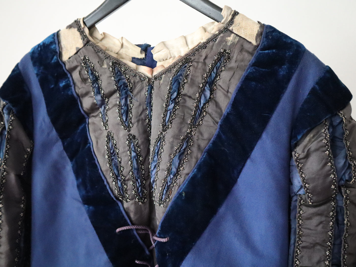 Antique French Opera Doublet Tunic Blue Wool Silk Beaded Sequins Lace Up Early 1900s Renaissance Style