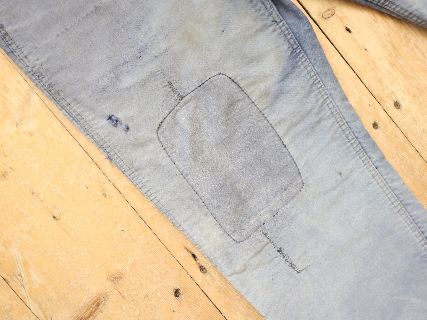 1950s French Le Salvetal Blue Moleskin Workwear Trousers Pants Patched Repairs Darned