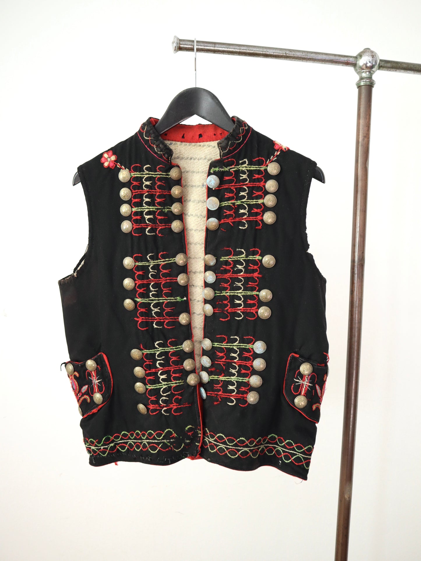 1920s 30s Hungarian Embroidered Vest Waistcoat Folk Floral Brass Buttons Hammer Pick