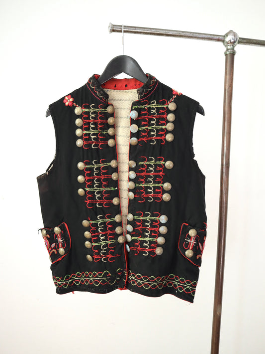1910s 20s Hungarian Embroidered Vest Waistcoat Folk Floral Brass Buttons Hammer Pick