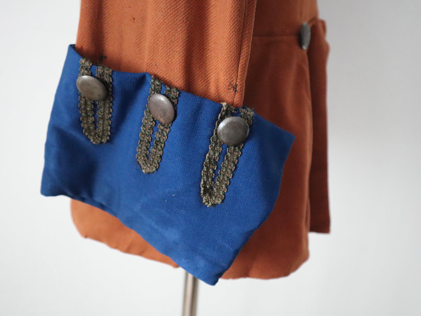 Antique French Opera Costume Jacket Rust Brown Frock Coat Blue Cuffs 18th Century Style