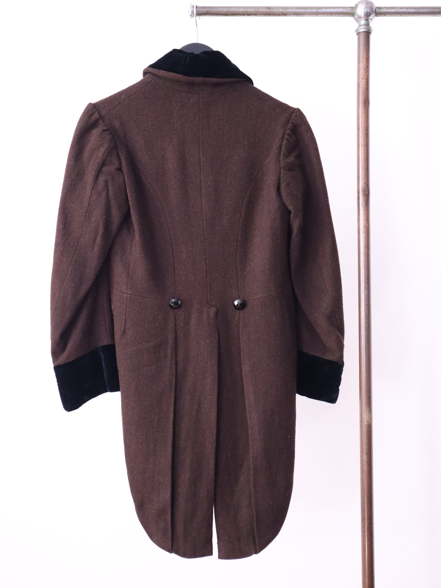 Antique c.1920s French Opera Costume Tailcoat Dark Brown Wool with Velvet Trim & Faceted Glass Buttons Hand-Stitched & Fully Lined
