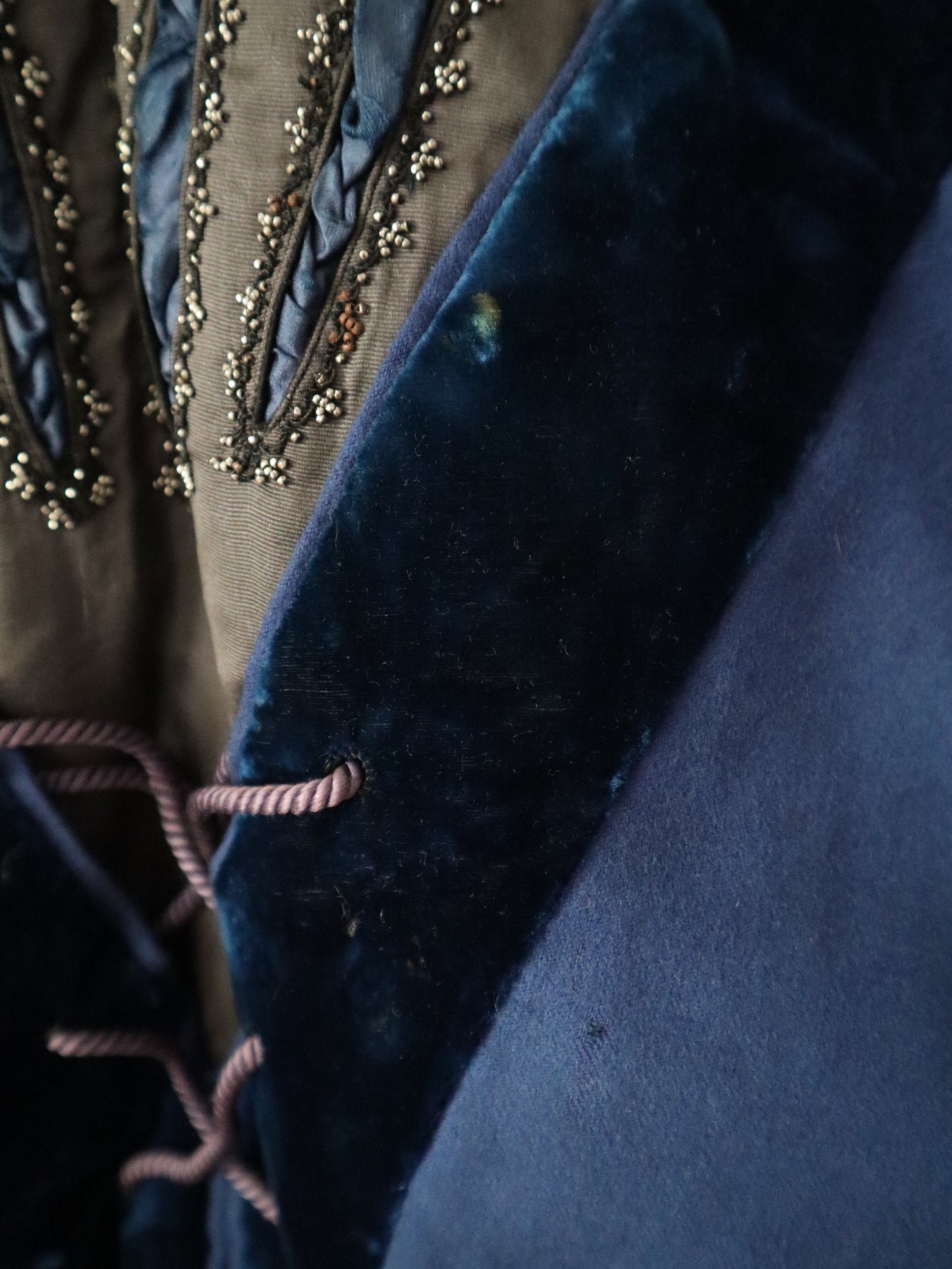 Antique French Opera Doublet Tunic Blue Wool Silk Beaded Sequins Lace Up Early 1900s Renaissance Style
