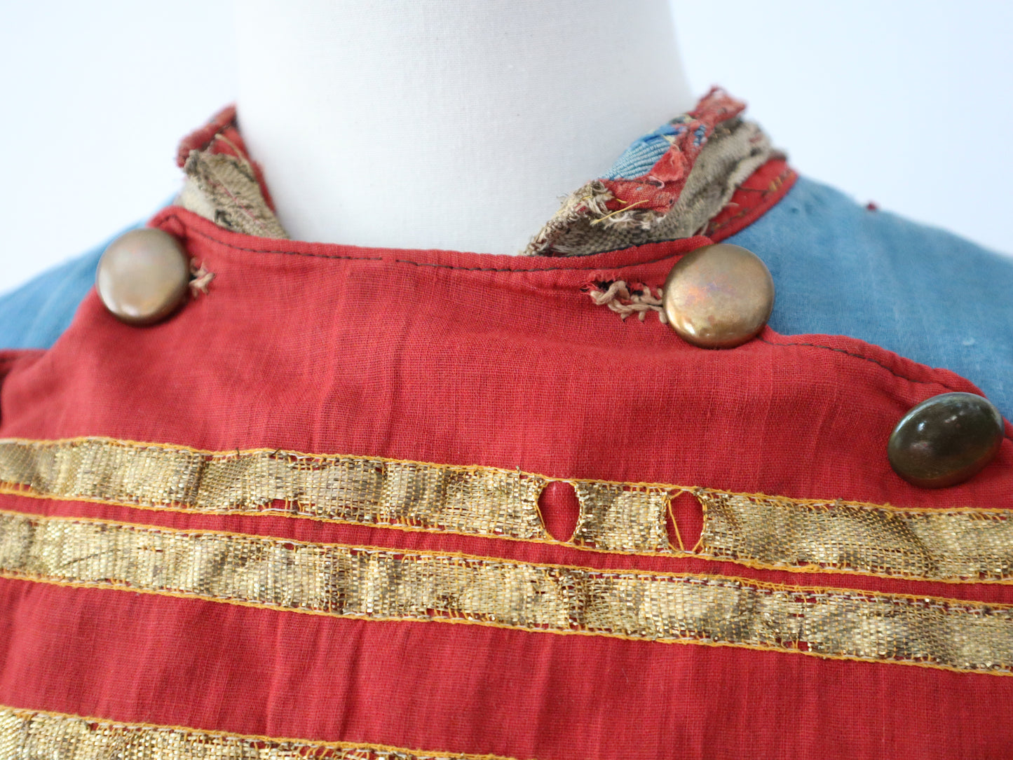 Antique French Theatre Costume 19th Century Military Style Indigo Blue Red Sun Fade Gold Ribbon Trim Brass Buttons