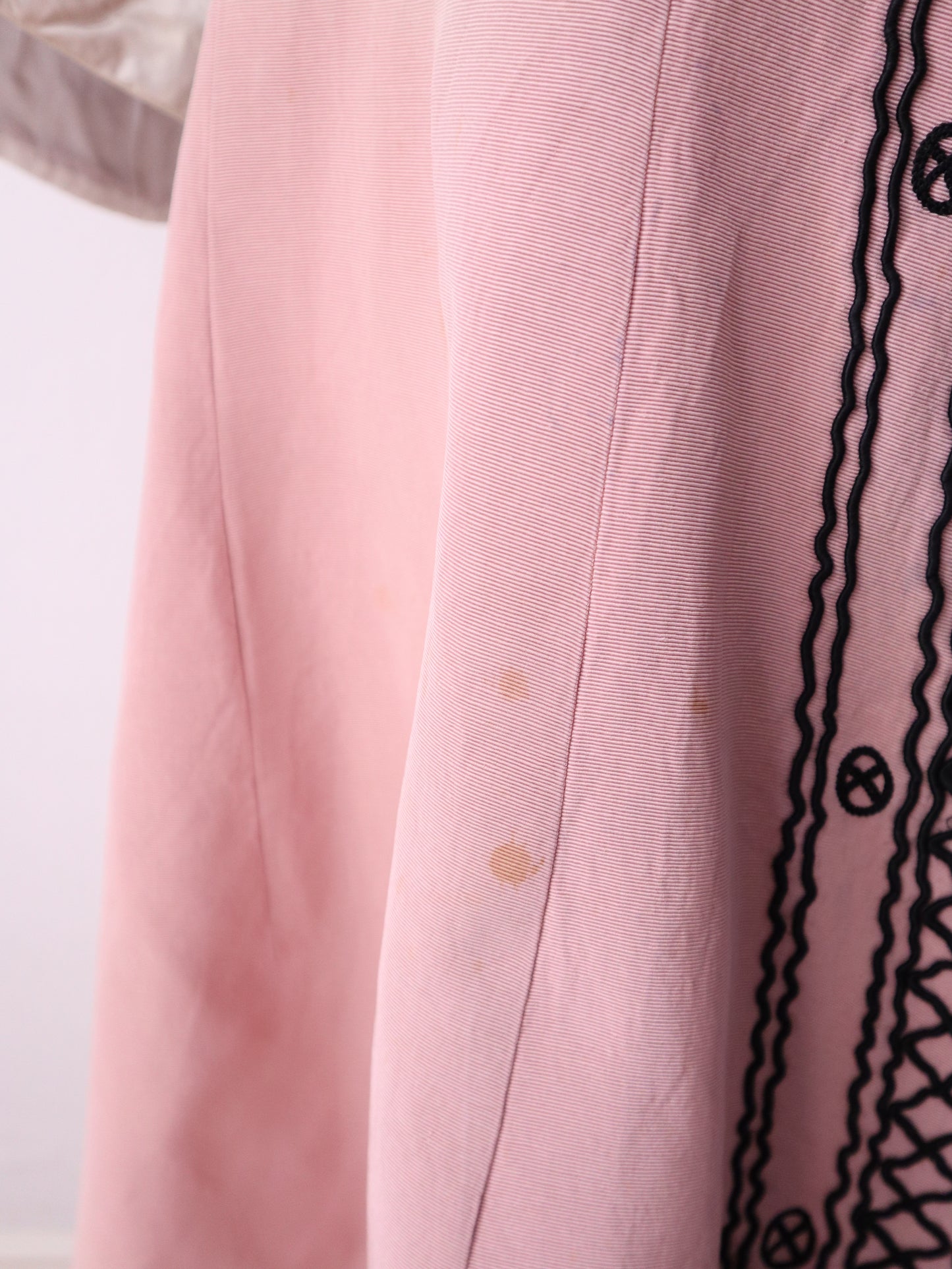 1930s -40s French Opera Tunic Dress by Henri Lebrun – Pink Grosgrain with Black Soutache Trim – Vintage Theatrical Costume