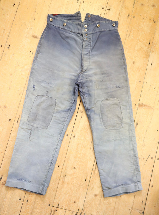 1950s French Le Salvetal Blue Moleskin Workwear Trousers Pants Patched Repairs Darned