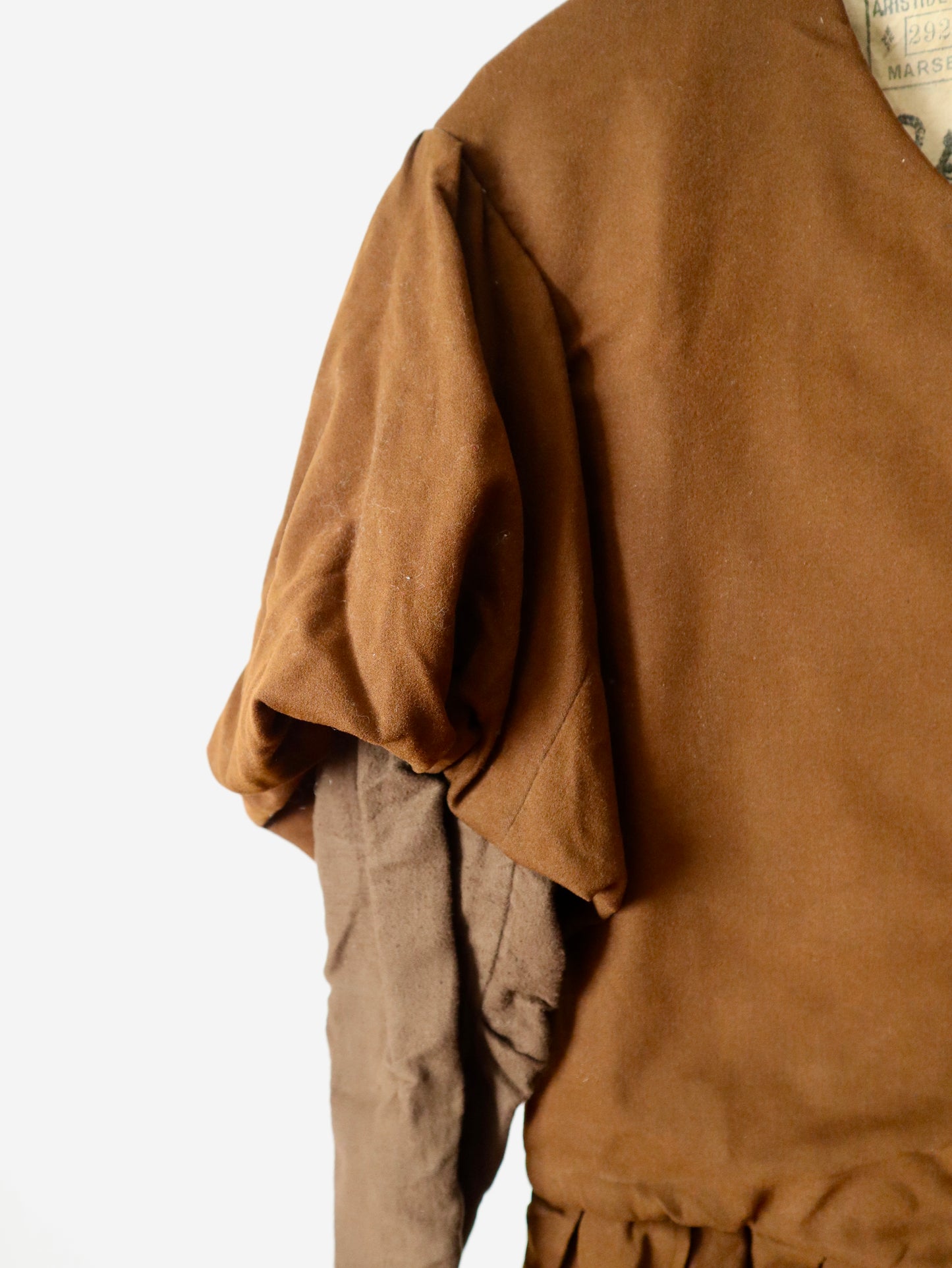Antique French Opera Costume Tunic Brown Wool Cotton Puff Sleeve Renaissance Style 1910s