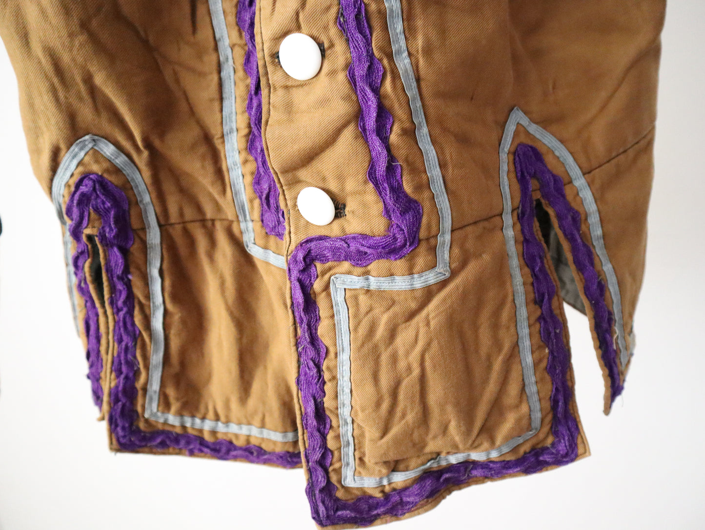 Antique French Opers Costume Jacket Brown Cotton Blue Stripe Sleeves Ribbon Trim Medieval Renaissance