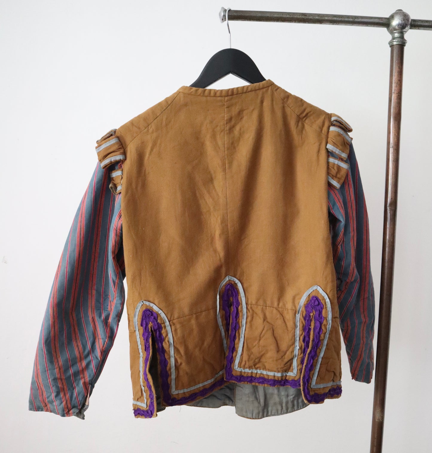 Antique French Opers Costume Jacket Brown Cotton Blue Stripe Sleeves Ribbon Trim Medieval Renaissance