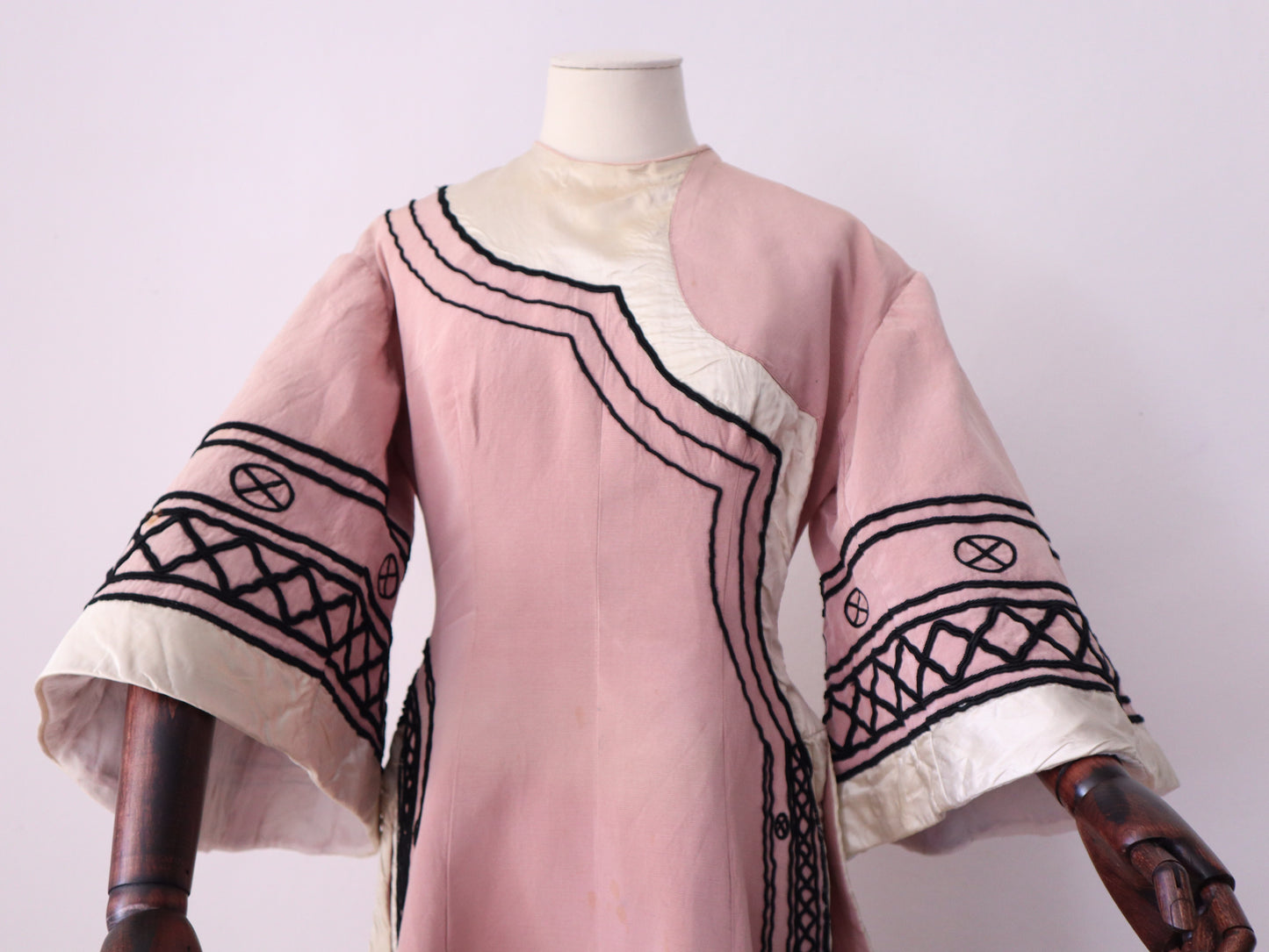 1930s -40s French Opera Tunic Dress by Henri Lebrun – Pink Grosgrain with Black Soutache Trim – Vintage Theatrical Costume