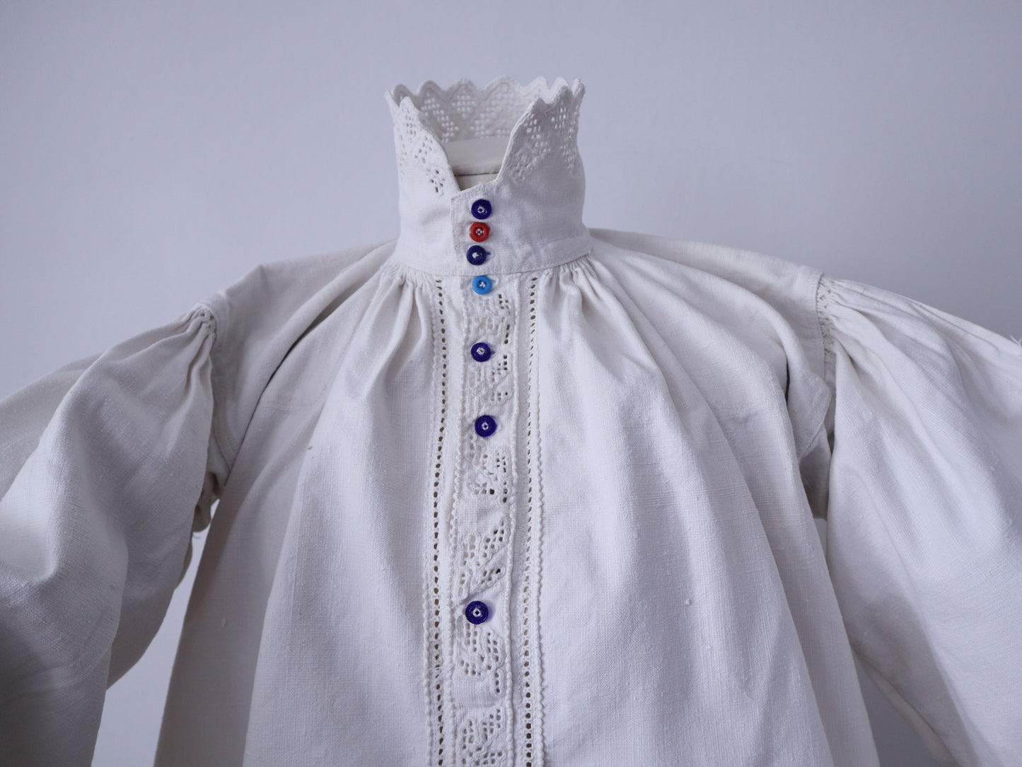 Handwoven Transylvanian Linen Folk Blouse with Cutwork Embroidery and Pressed Glass Buttons 1930s 1940s