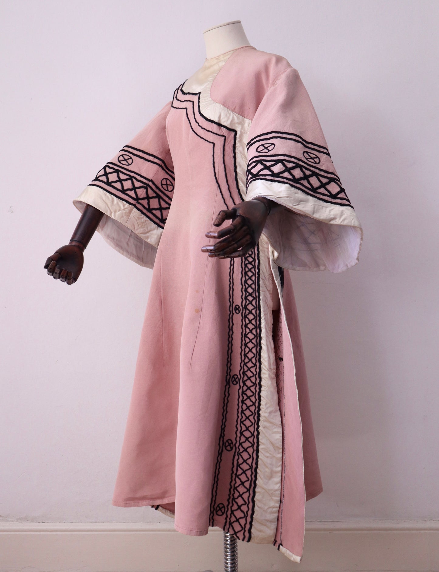 1930s -40s French Opera Tunic Dress by Henri Lebrun – Pink Grosgrain with Black Soutache Trim – Vintage Theatrical Costume
