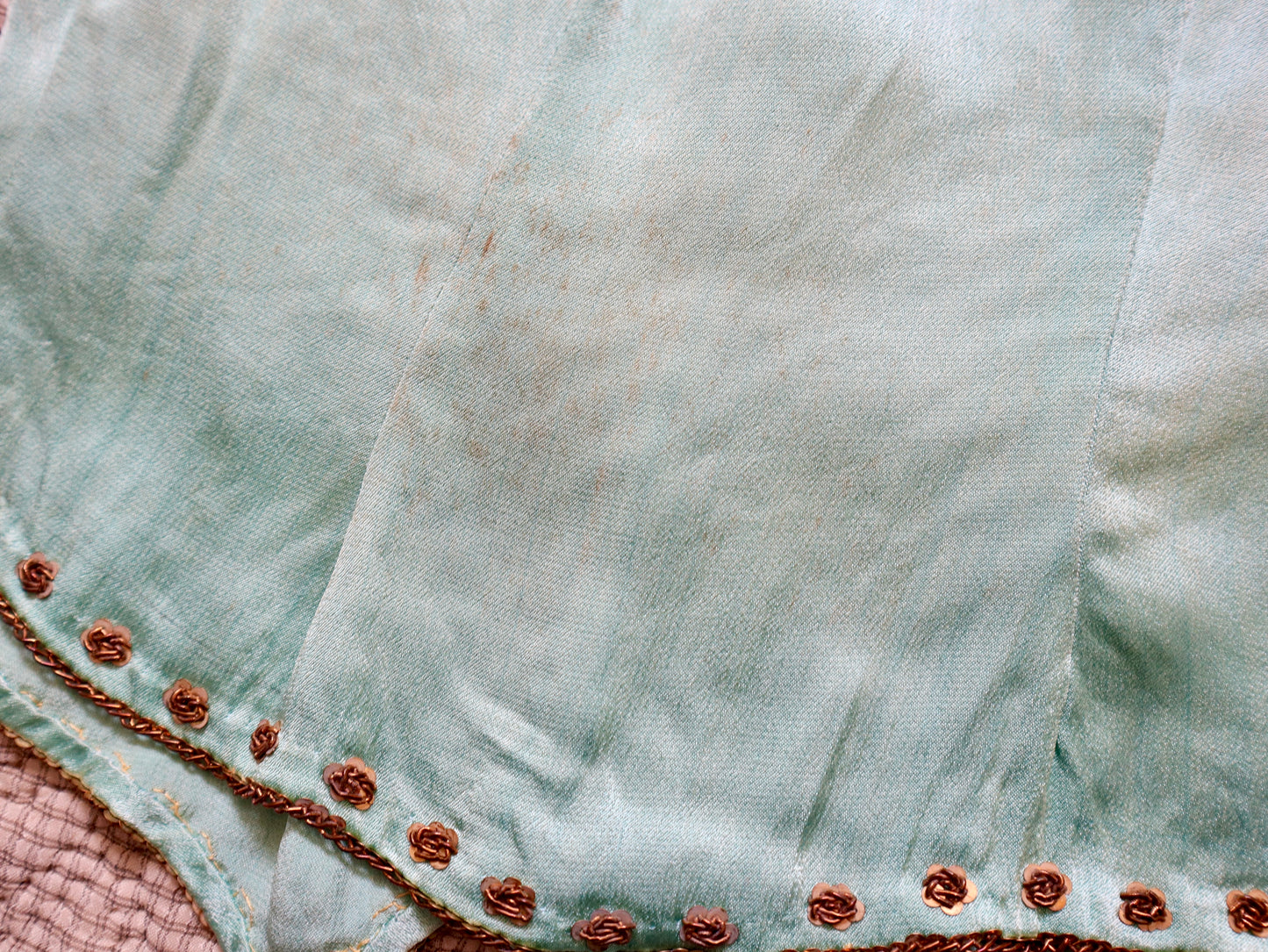 1950s Turquoise Silky Satin Two Piece Gold Beading Sequins Chiffon Sleeves Oriental Eastern