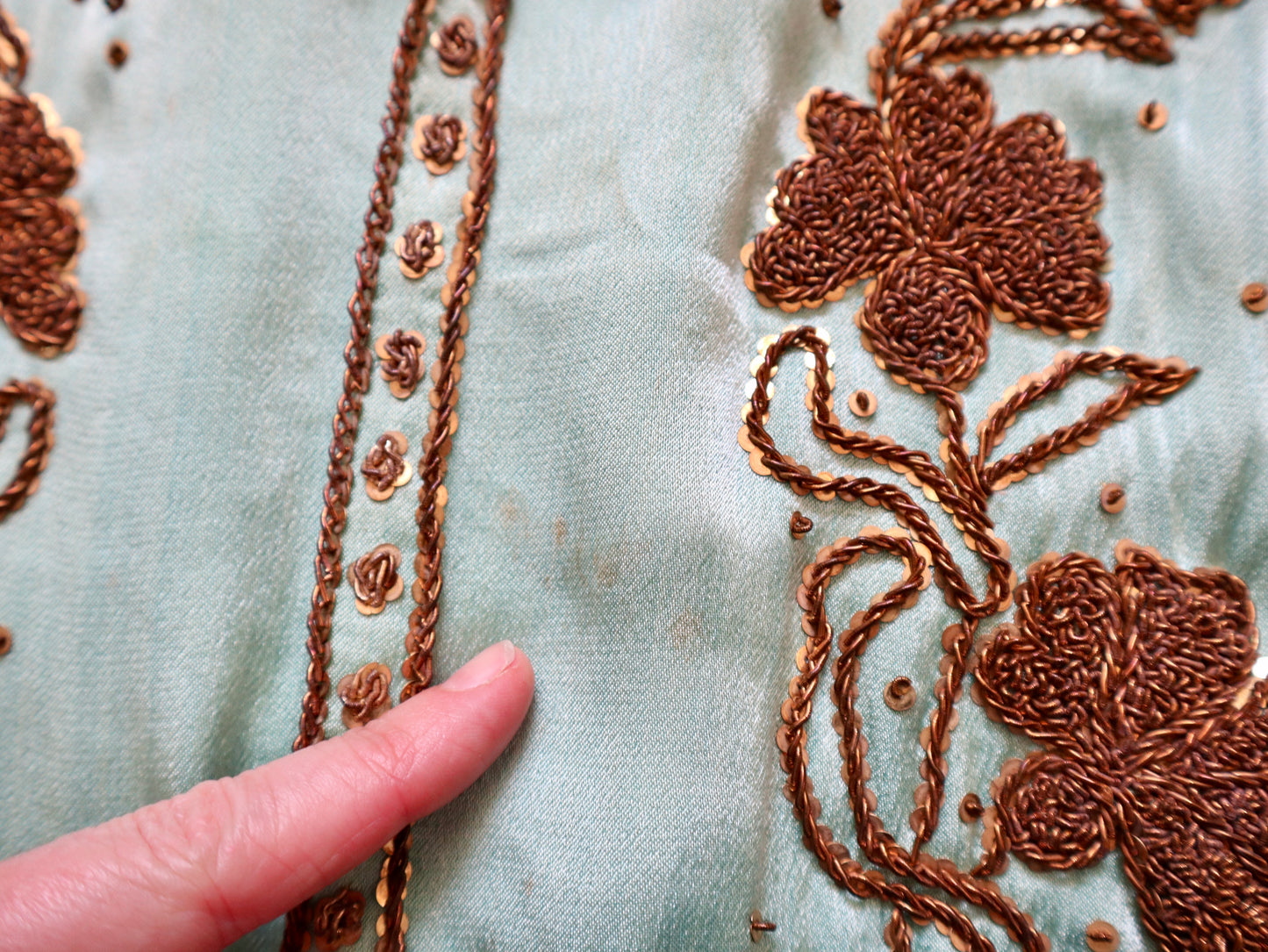 1950s Turquoise Silky Satin Two Piece Gold Beading Sequins Chiffon Sleeves Oriental Eastern