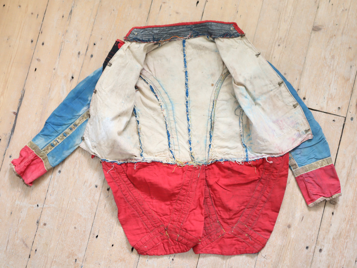 Antique French Theatre Costume 19th Century Military Style Indigo Blue Red Sun Fade Gold Ribbon Trim