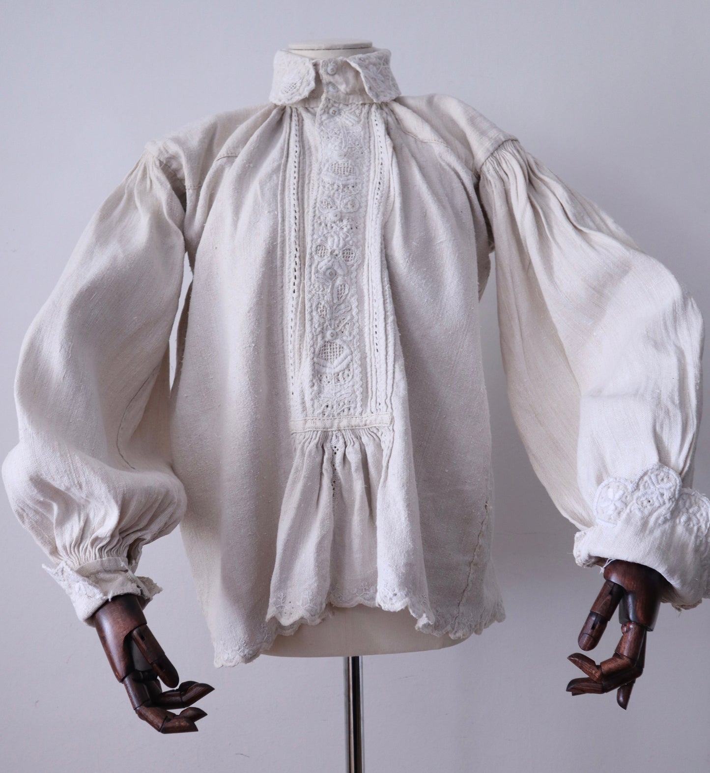 1930s - 1940s Transylvanian linen shirt with embroidery and cutwork