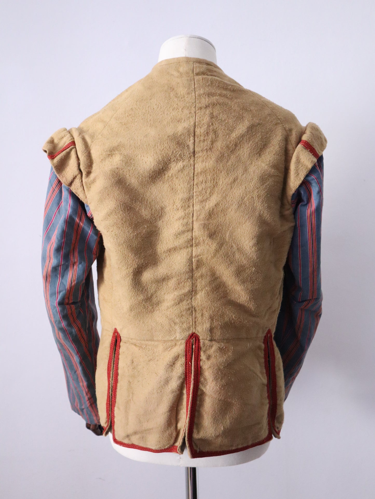 Antique French Opera Costume Jacket Sand Blue Stripe Cotton Sleeves Ribbon Trim Medieval Renaissance Metal Buttons