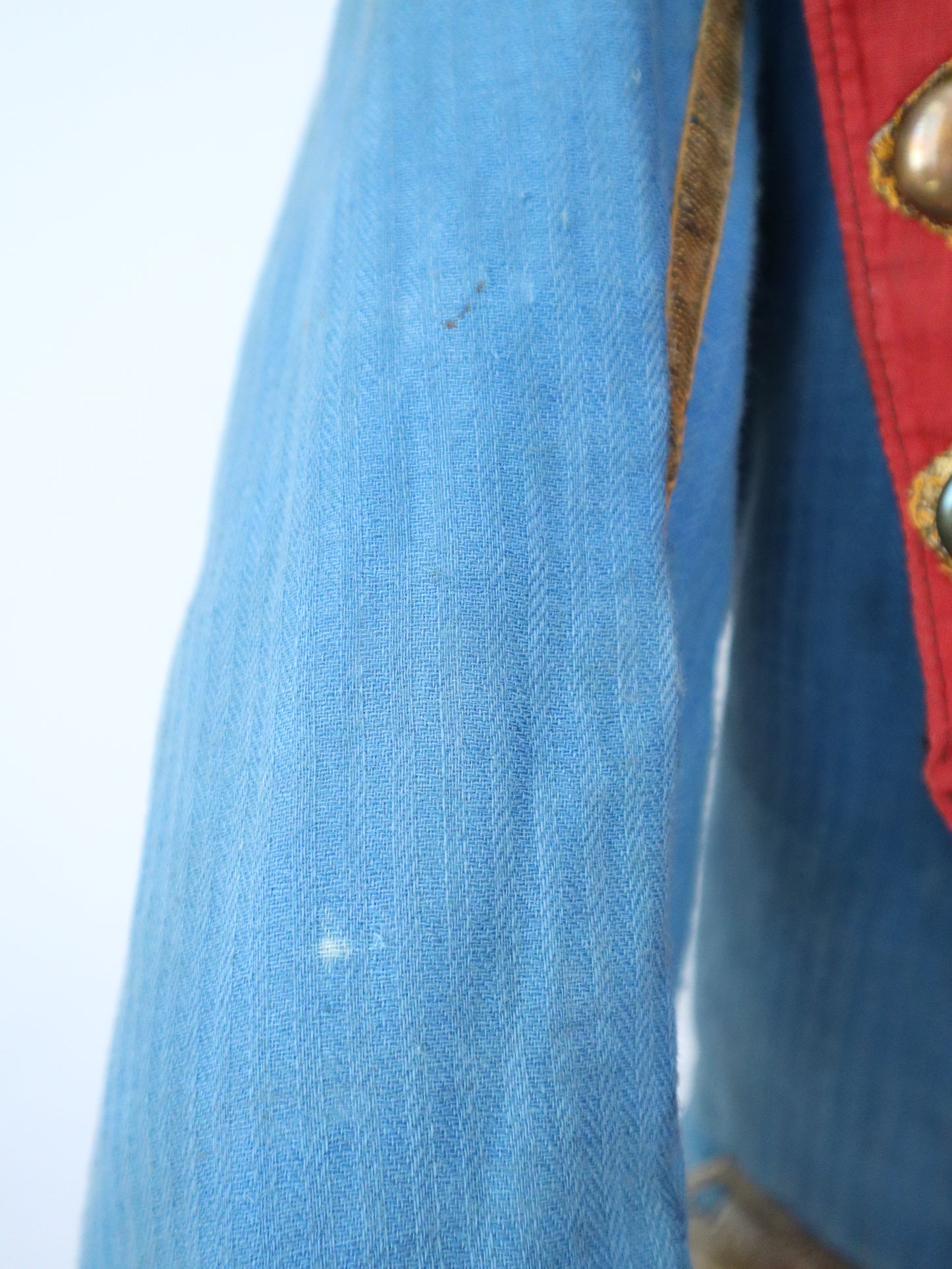 Antique French Theatre Costume 19th Century Military Style Indigo Blue Red Sun Fade Gold Ribbon Trim Brass Buttons