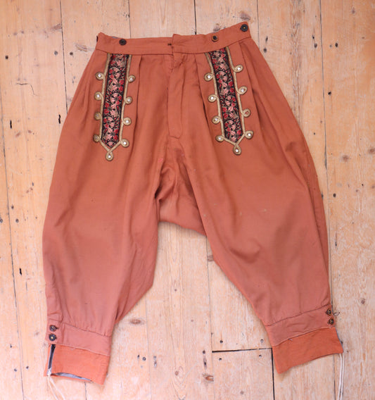 Antique 1920s French Opera Costume Trousers – Aristide Boyer, Marseille – Rust Wool Pants with Embroidered Trim, Faceted Gems & Cinch-Back Waist