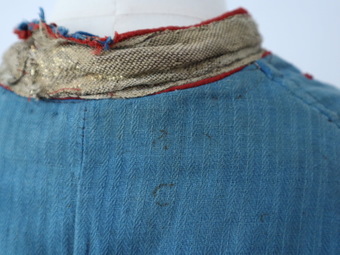 Antique French Theatre Costume 19th Century Military Style Indigo Blue Red Sun Fade Gold Ribbon Trim Brass Buttons