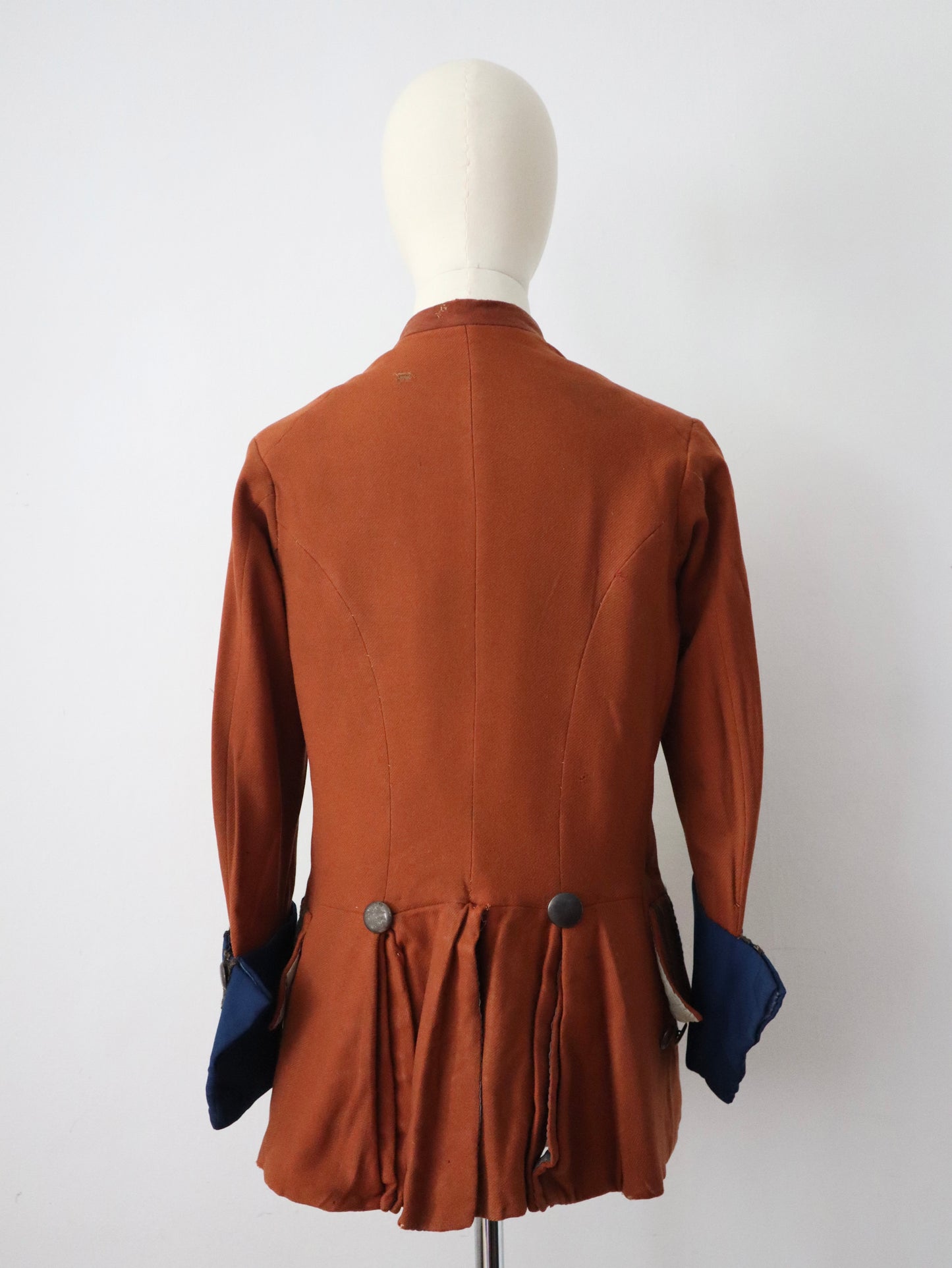 Antique French Opera Costume Jacket Rust Brown Frock Coat Blue Cuffs 18th Century Style