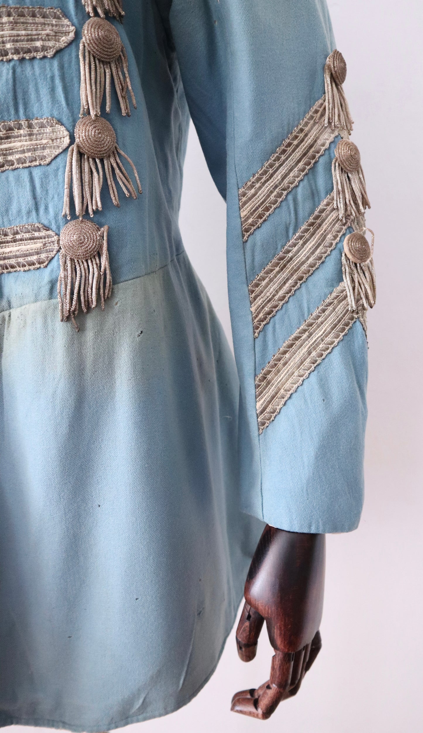 Antique 19th Century Theatrical Military-Style Jacket | Hand-Sewn Powder Blue Costume Coat  Metal Ribbon Trim Tassels