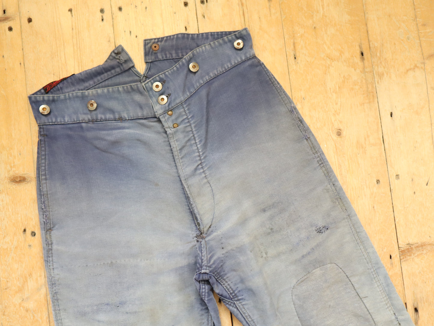 1950s French Le Salvetal Blue Moleskin Workwear Trousers Pants Patched Repairs Darned