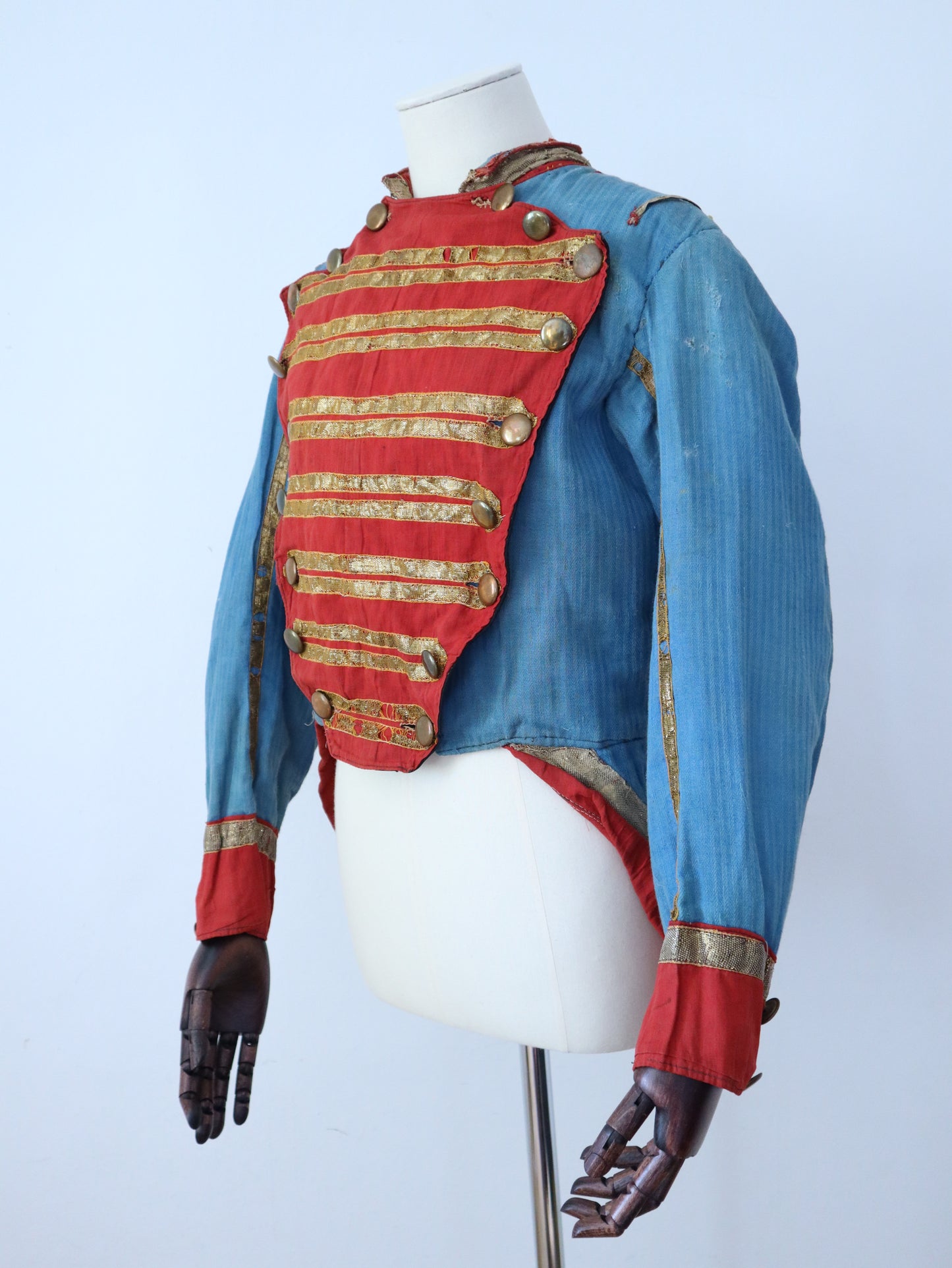 Antique French Theatre Costume 19th Century Military Style Indigo Blue Red Sun Fade Gold Ribbon Trim Brass Buttons