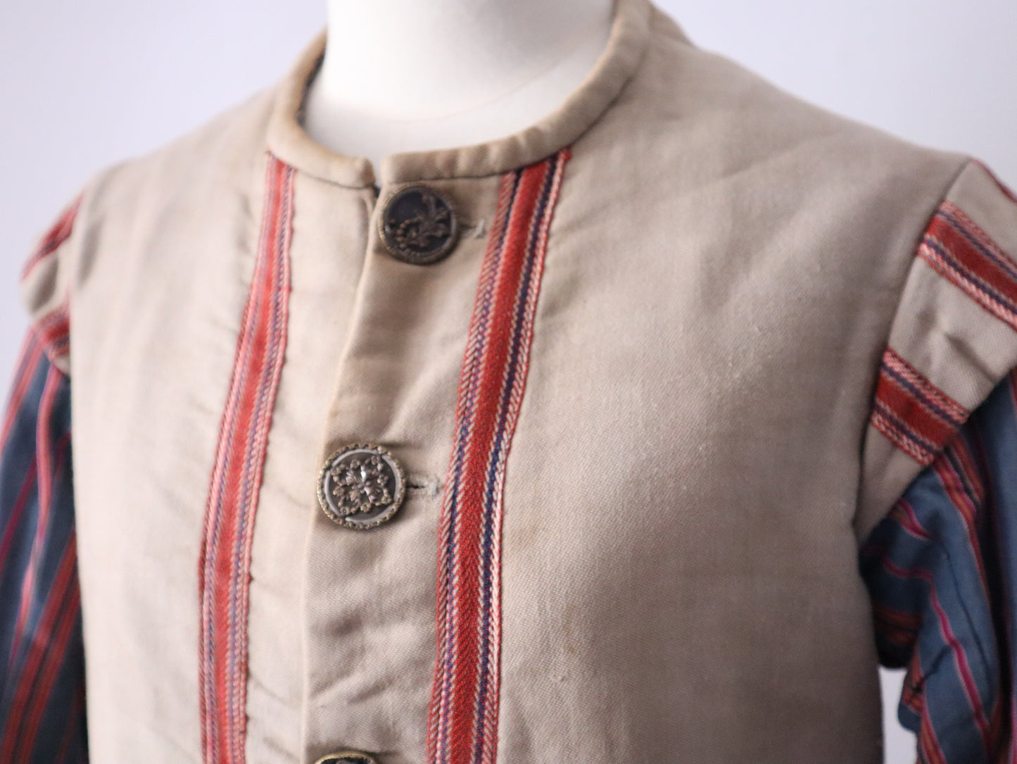 Antique French Opera Costume Jacket Grey Blue Stripe Cotton Sleeves Ribbon Trim Medieval Renaissance Metal Buttons
