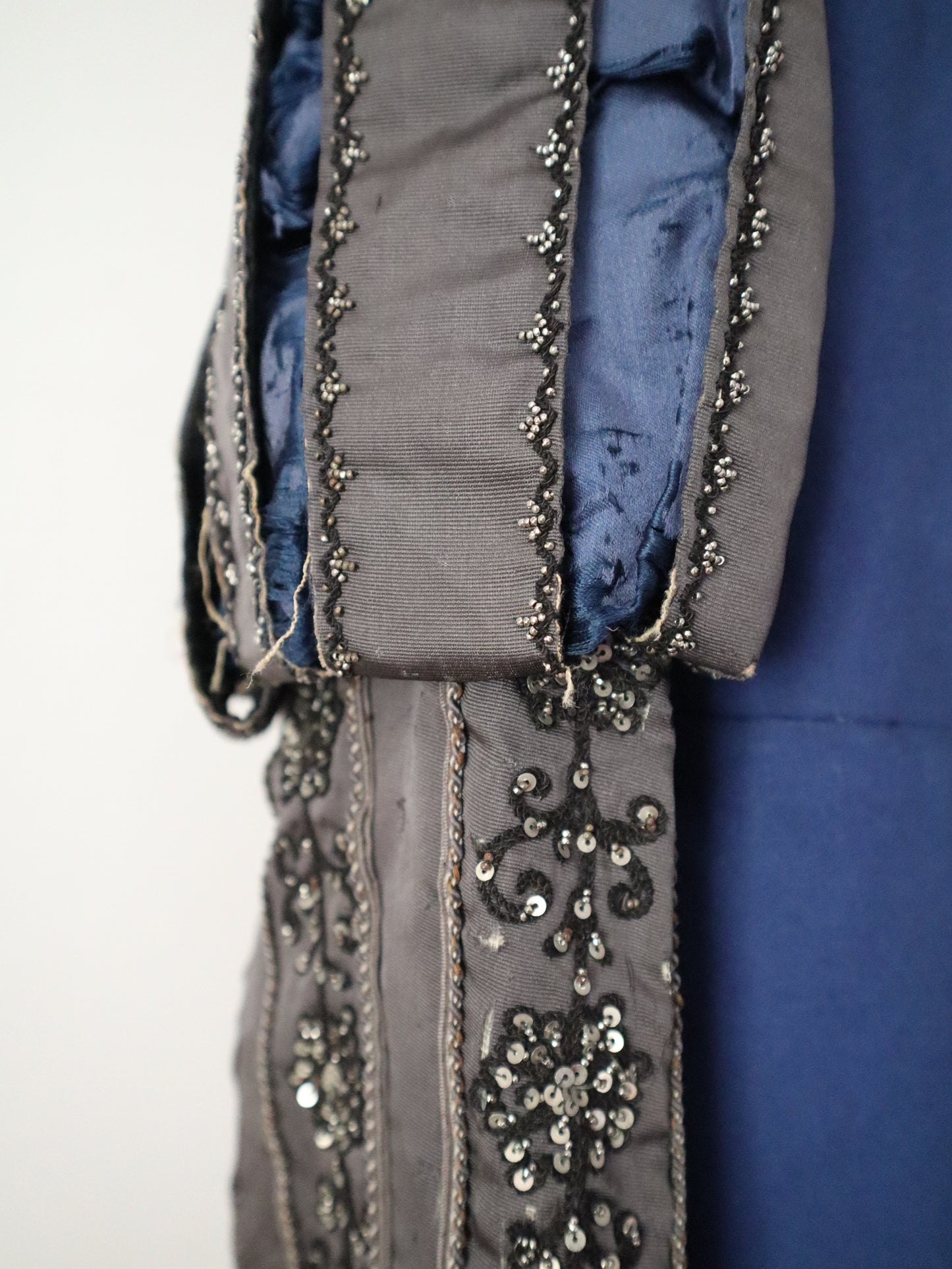 Antique French Opera Doublet Tunic Blue Wool Silk Beaded Sequins Lace Up Early 1900s Renaissance Style