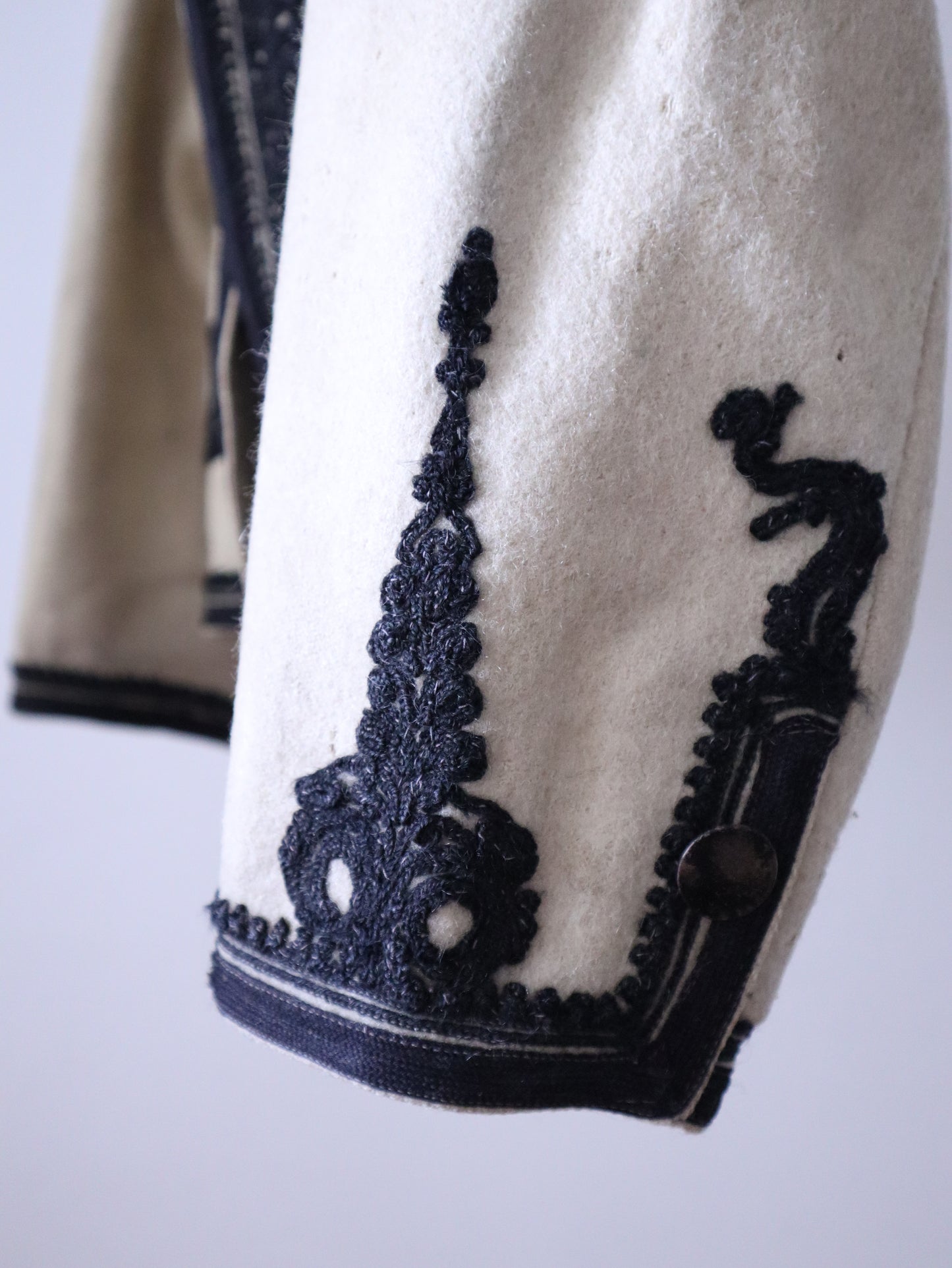 1930s Transylvanian Folk Jacket – Cream Wool with Black Soutache Embroidery – Indigo Cotton Twill Lining – Traditional Vintage Coat