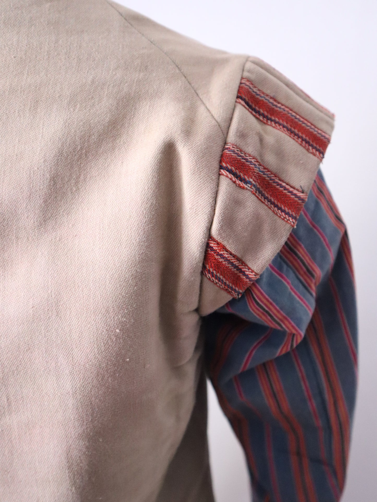 Antique French Opera Costume Jacket Grey Blue Stripe Cotton Sleeves Ribbon Trim Medieval Renaissance Metal Buttons