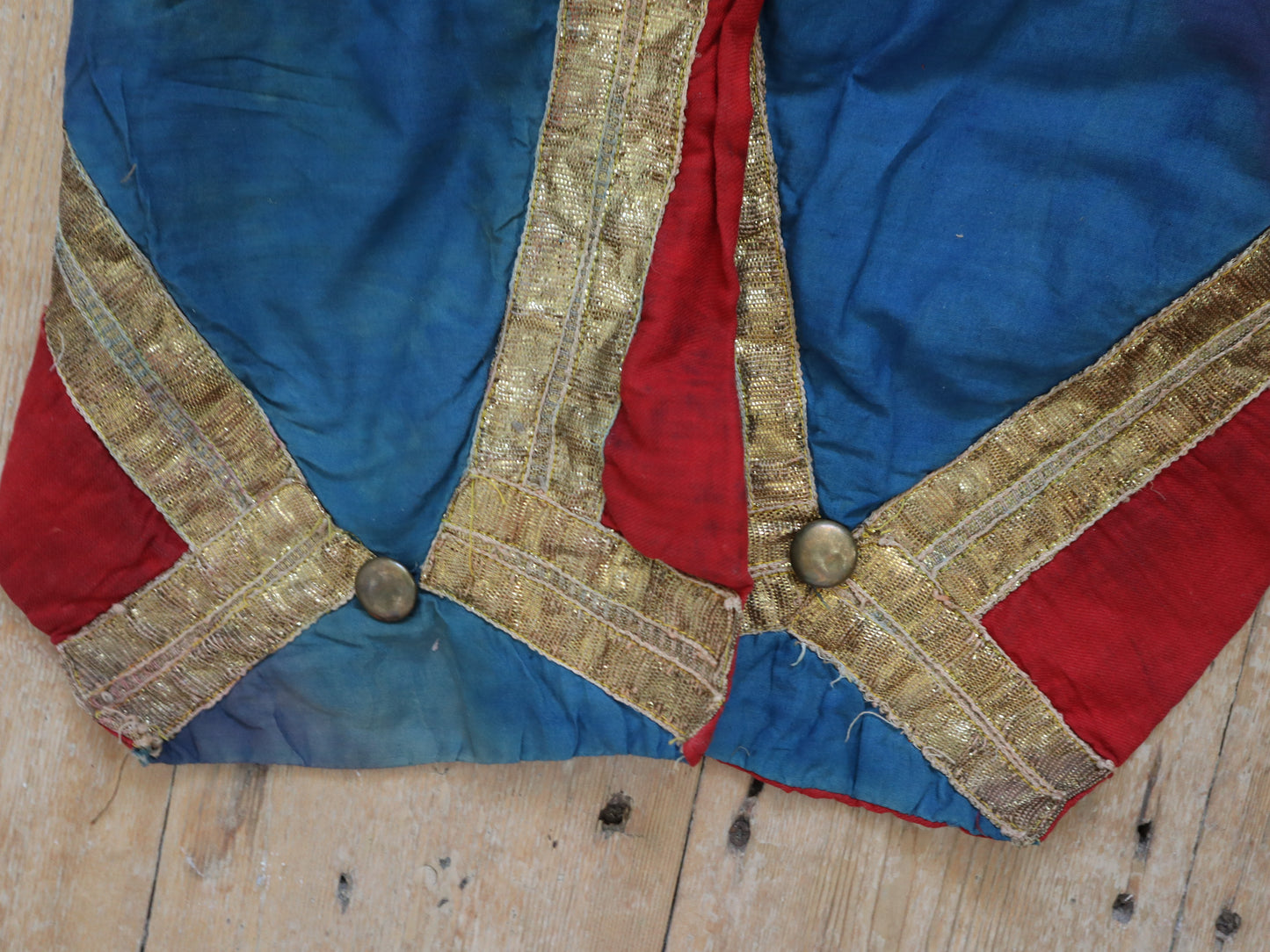 Antique French Theatre Costume 19th Century Military Style Indigo Blue Red Sun Fade Gold Ribbon Trim