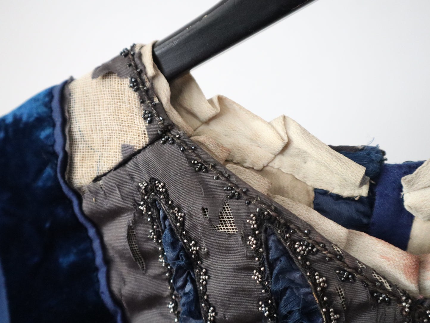 Antique French Opera Doublet Tunic Blue Wool Silk Beaded Sequins Lace Up Early 1900s Renaissance Style