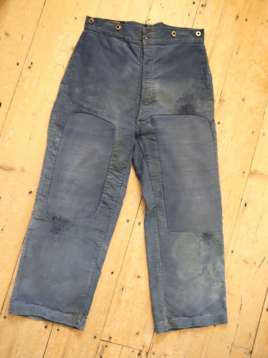 French Le Mont St Michel Blue Moleskin Workwear Trousers Pants Repairs Darned 1950s
