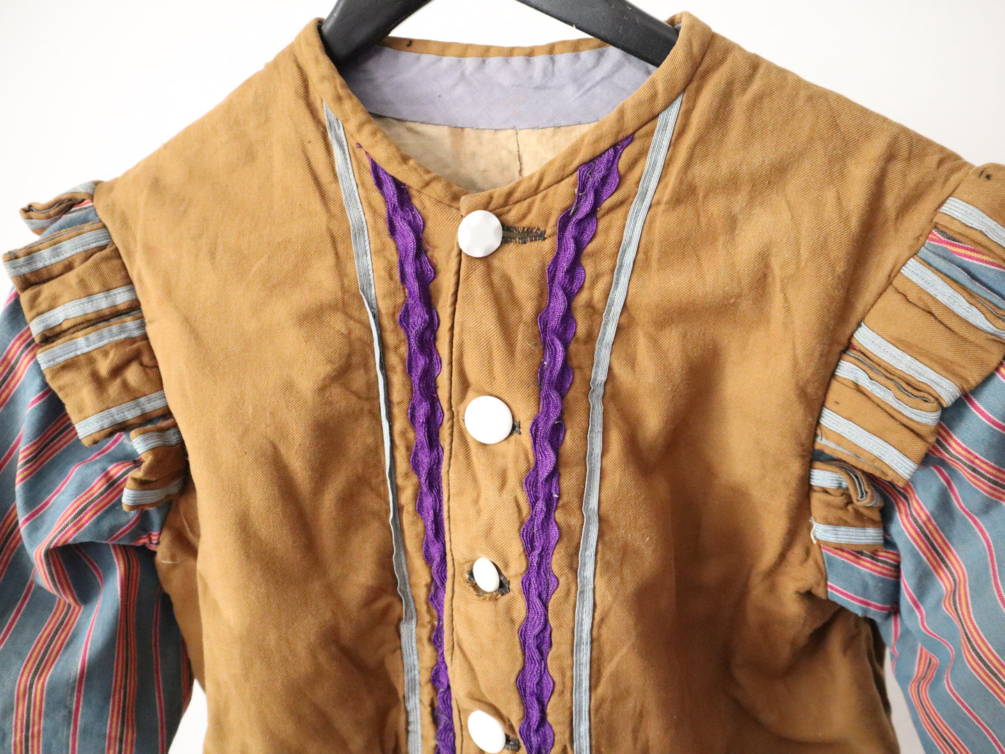 Antique French Opers Costume Jacket Brown Cotton Blue Stripe Sleeves Ribbon Trim Medieval Renaissance
