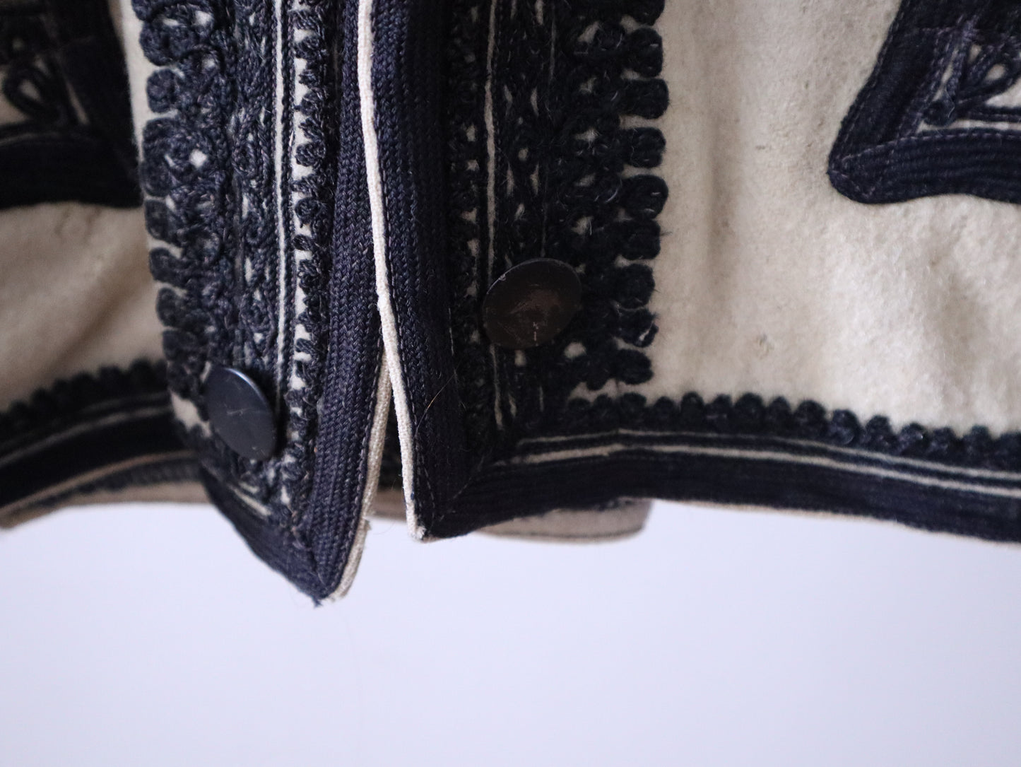 1930s Transylvanian Folk Jacket – Cream Wool with Black Soutache Embroidery – Indigo Cotton Twill Lining – Traditional Vintage Coat