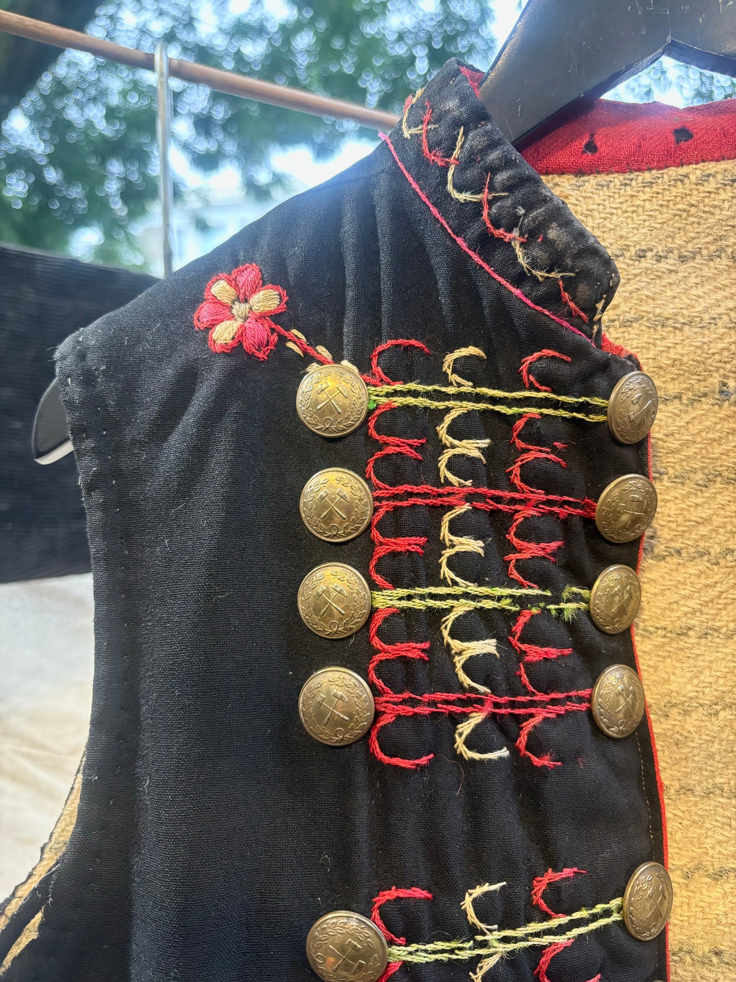 1920s 30s Hungarian Embroidered Vest Waistcoat Folk Floral Brass Buttons Hammer Pick